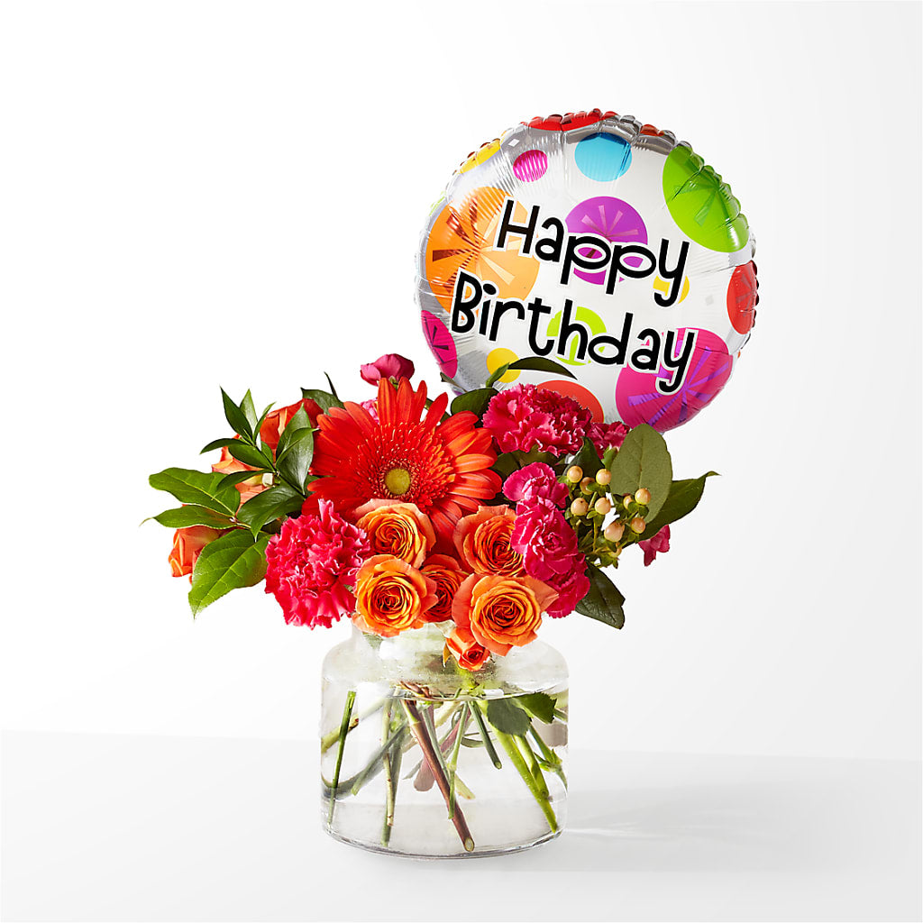 Fiesta Bouquet with Birthday Balloon – Bella Fleur Sweets And Gifts Inc, Aurora IL