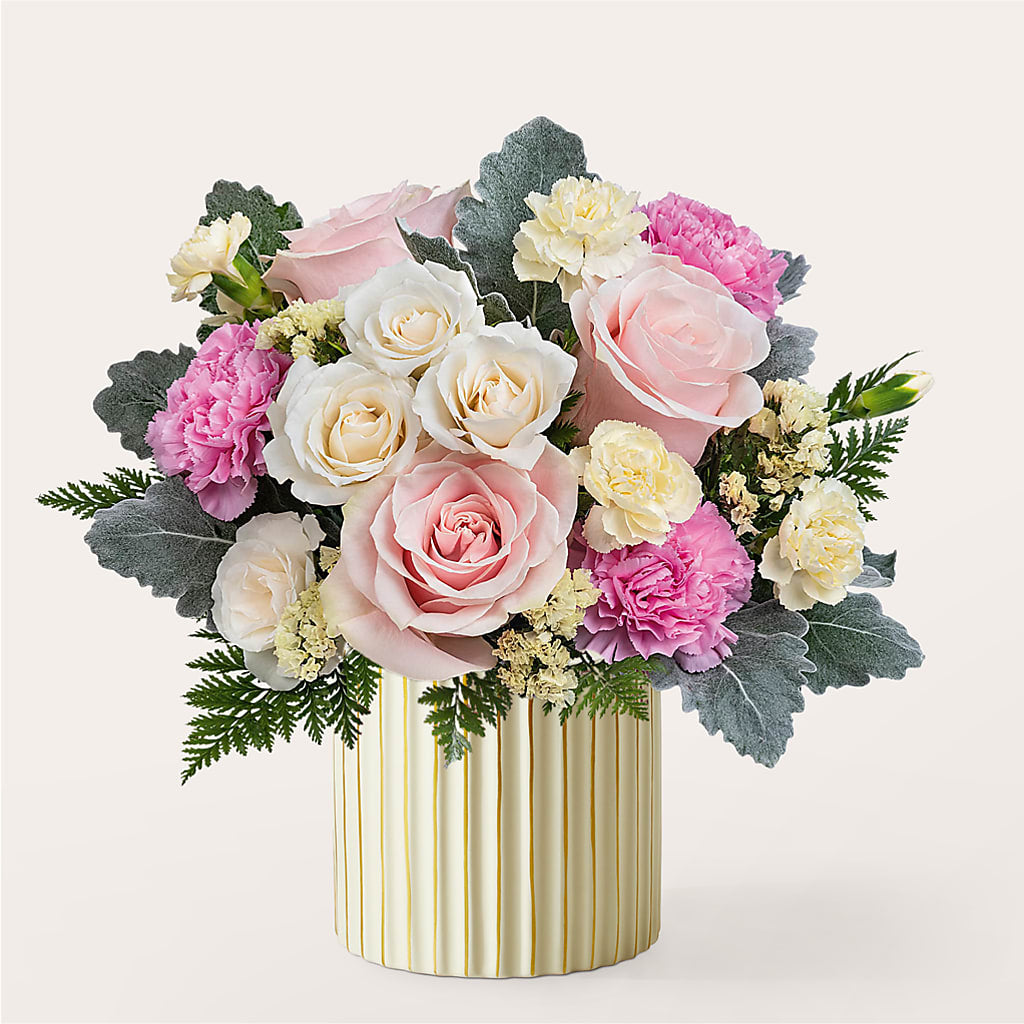 Blissful Moments Bouquet with Ivory Vase – Bella Fleur Sweets And Gifts Inc, Aurora IL