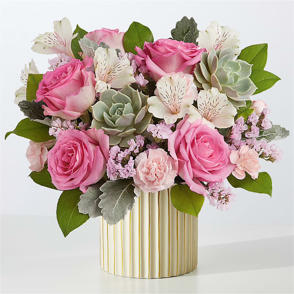Dusty Rose Bouquet with Ivory Vase – Bella Fleur Sweets And Gifts Inc, Aurora IL