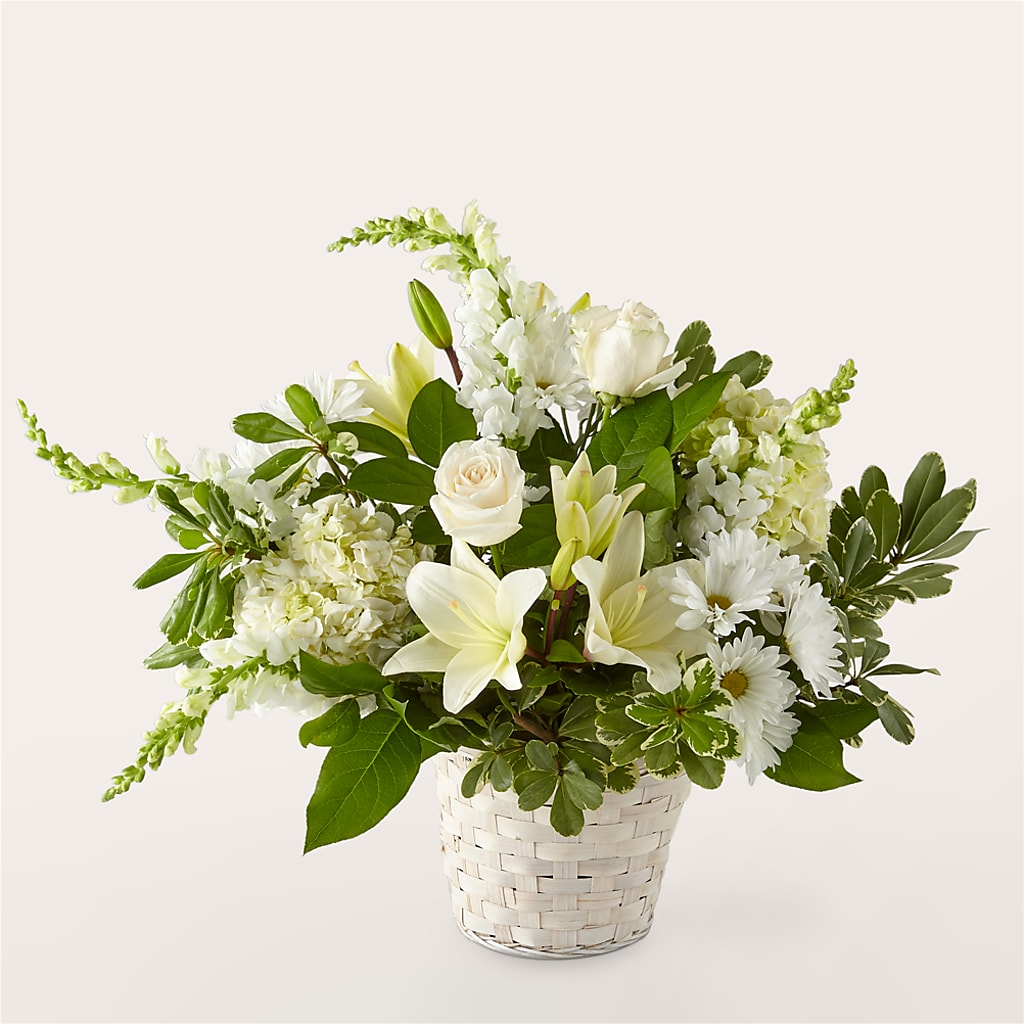 Ivory Elegance Floral Basket – Bella Fleur Sweets And Gifts Inc, Aurora IL