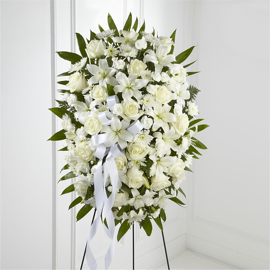 Exquisite Tribute Standing Spray-White Ribbon – Bella Fleur Sweets And Gifts Inc, Aurora IL