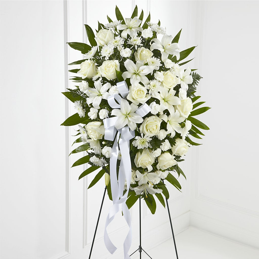 Exquisite Tribute Standing Spray-White Ribbon – Bella Fleur Sweets And Gifts Inc, Aurora IL