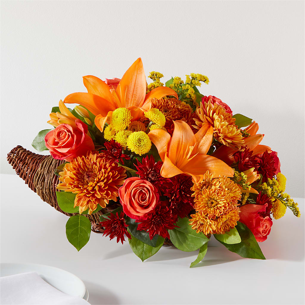 Bouquet of Blessings Cornucopia – Bella Fleur Sweets And Gifts Inc, Aurora IL