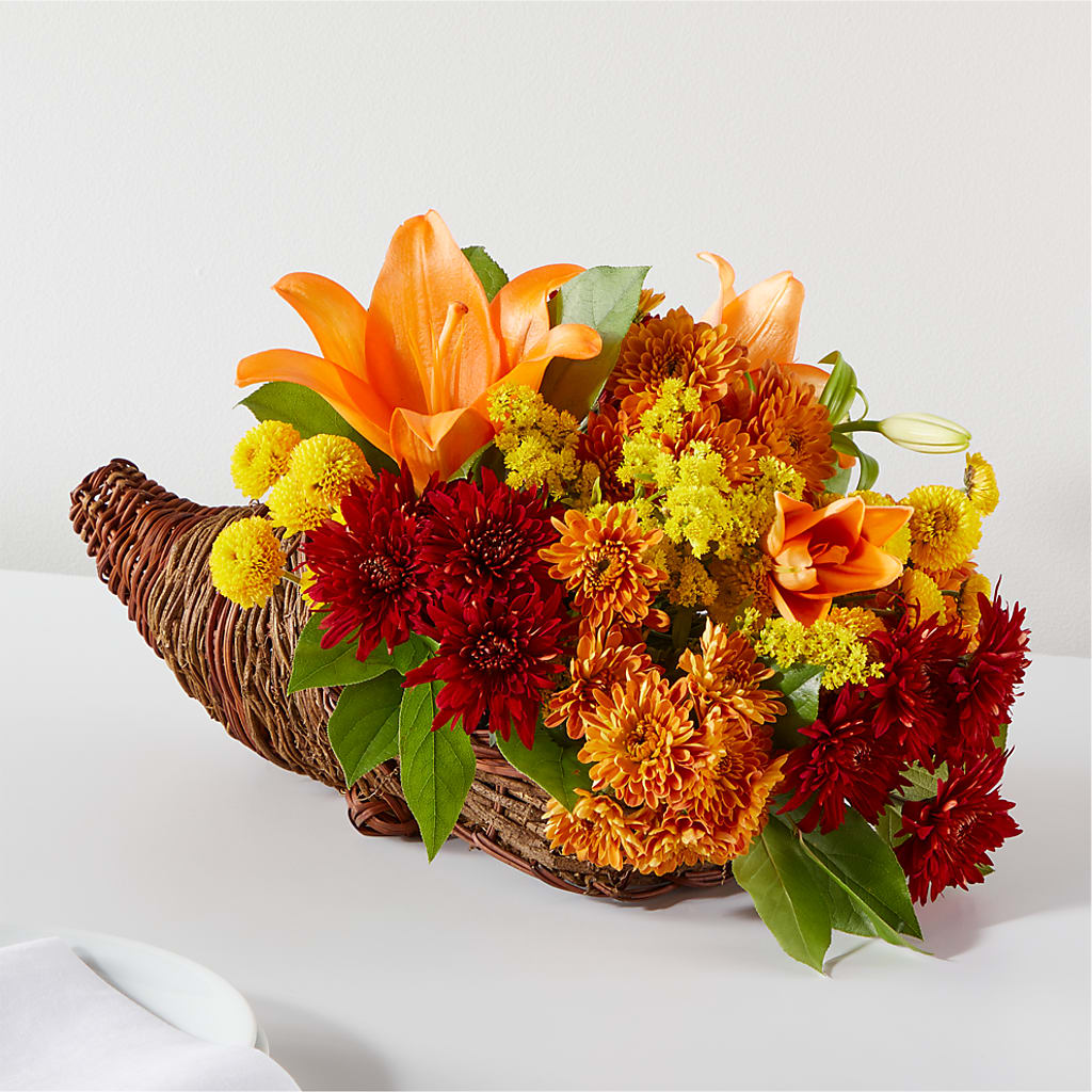 Bouquet of Blessings Cornucopia – Bella Fleur Sweets And Gifts Inc, Aurora IL