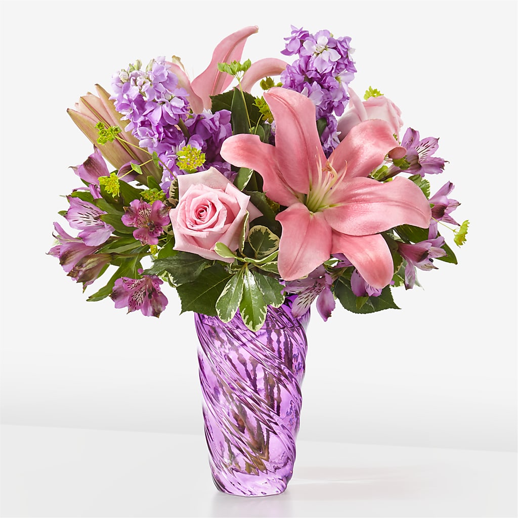Precious Petals Bouquet with Luxe Swirl Vase – Bella Fleur Sweets And Gifts Inc, Aurora IL